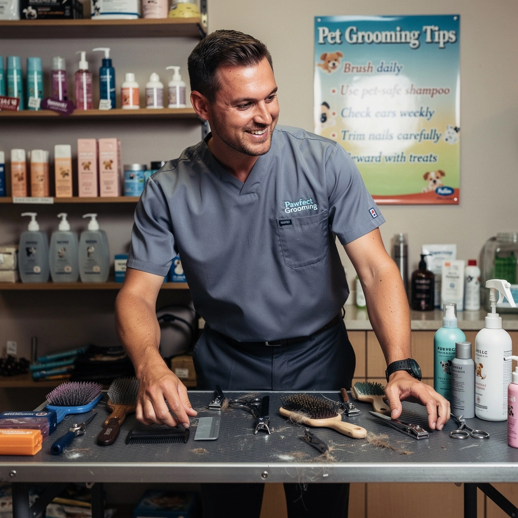 猫のための快適なベッドとお手入れ用品が展示されたコーナー